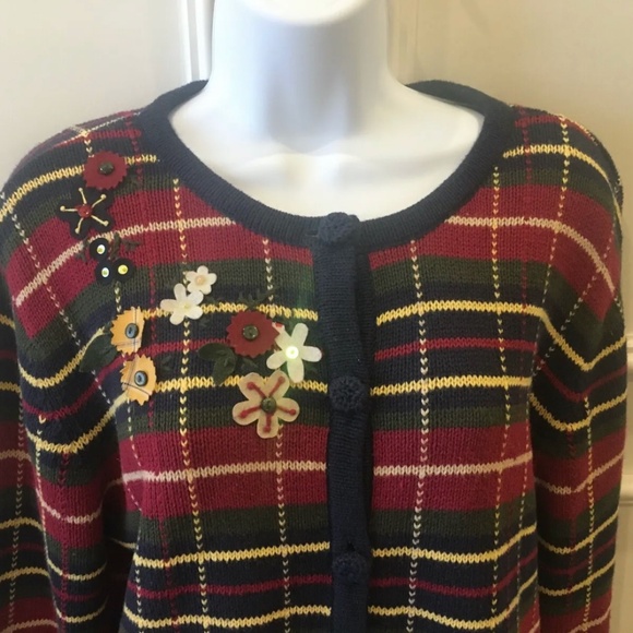 Vintage Multicolor Sweater Button-down Flower Appliqués Large - Picture 2 of 10